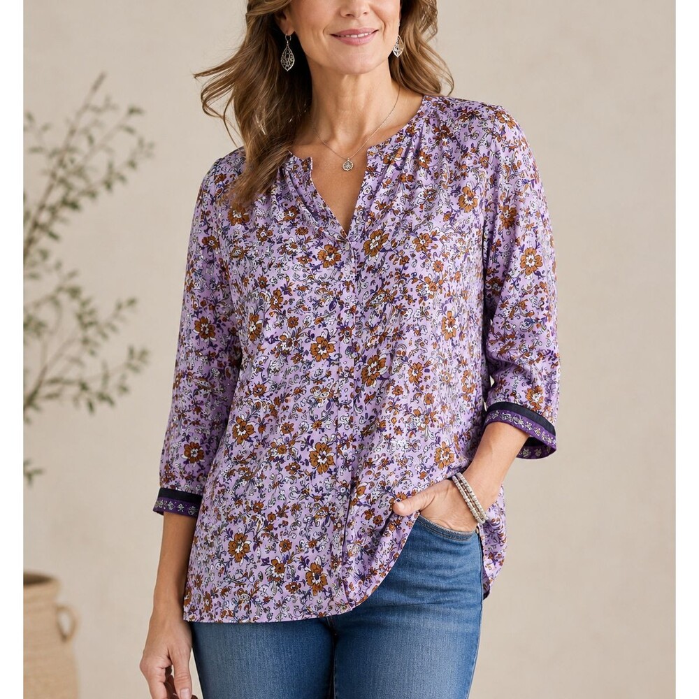 J. Jill 2X Floral Tunic Top Cotton Modal Jersey Button Front Boho Cottagecore